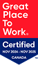Badge certifié Great Place to Work pour le Canada, valide de novembre 2024 à novembre 2025, aux couleurs rouge et bleu.